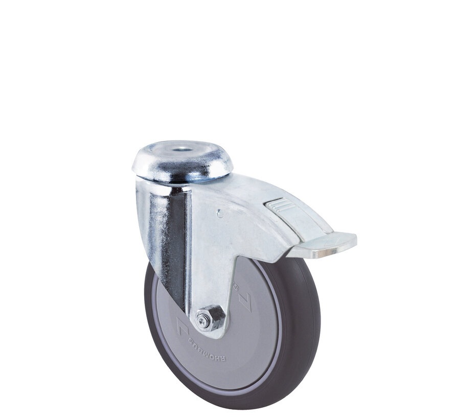 Institutional wheels swivel castor with brake from pressed steel, bolt hole, thermoplastic rubber gray non-marking, central precision ball bearing, Wheel-Ø 125mm, 100KG