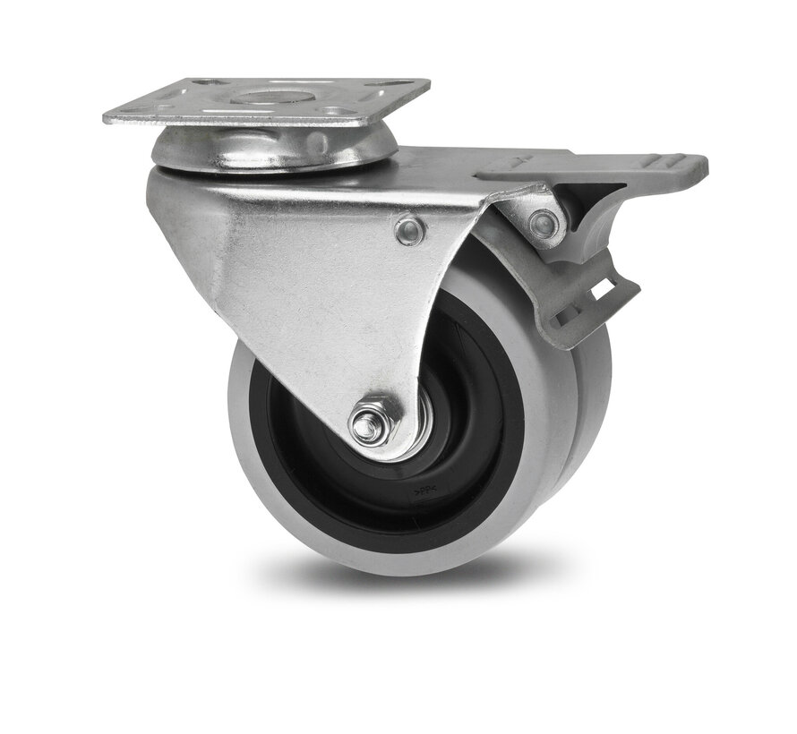 roulette pivotante avec frein, Ø 50 mm, bandage caoutchouc thermoplastique gris non marquant, 80KG