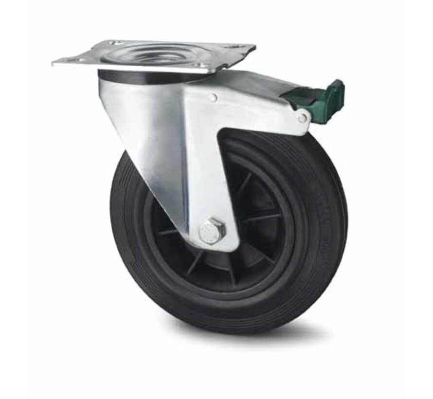 rodas industriais Rodízio Giratório con travão desde chapa de aço,  placa de fixação, borracha preta., rolamento de agulhas, Roda-Ø 200mm, 230KG