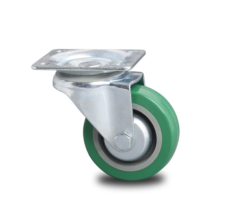 Industrial Reinforced Housing Swivel caster from Pressed hard steel, plate fitting, polyurethane-tyre, roller bearing, Wheel-Ø 100mm, 250KG