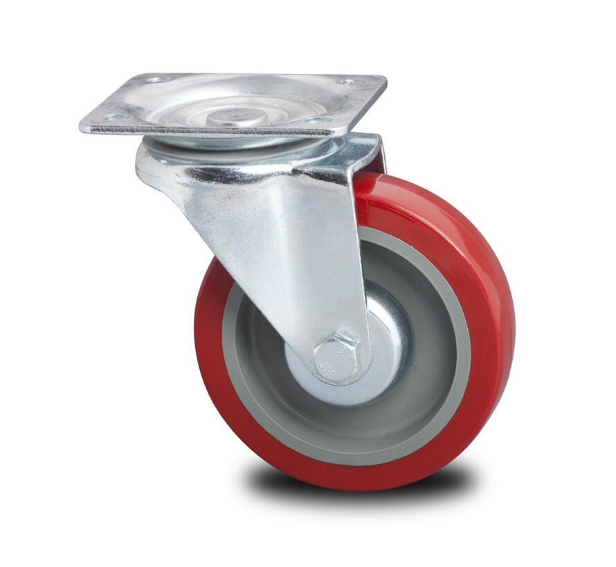 Carrelli per Movimentazione Industriale Rinforzato Supporto Ruota girevole Pressato acciaio duro, attacco a piastra, gomma elastica, mozzo su cuscinetto a rulli, Ruota -Ø 125mm, 250KG