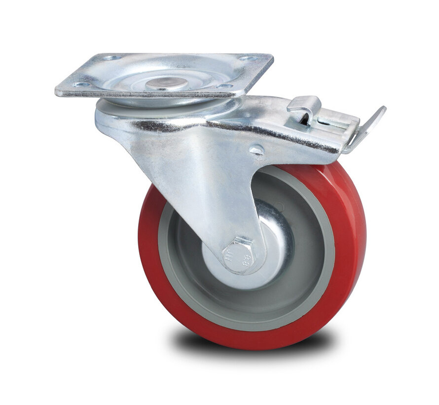 Industrial reinforced housing swivel castor with brake from pressed hard steel, plate fitting, polyurethane-tyre, roller bearing, Wheel-Ø 125mm, 250KG