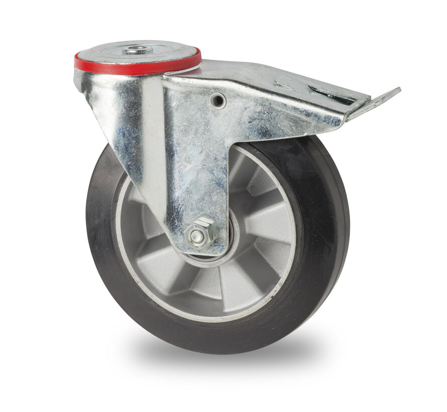rodas industriais Rodízio Giratório con travão desde chapa de aço, furo central, goma vulcanizada, Rolamento de Esferas, Roda-Ø 200mm, 400KG