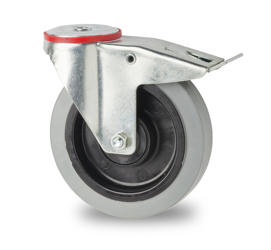 roulettes industrielles roulette pivotante avec blocage de acier embouti, fixation à trou, élastique, 2-RS roulements à billes de précision, Roue-Ø 125mm, 200KG