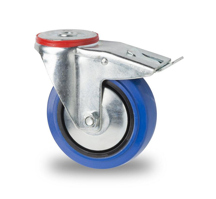 industrial swivel castor with brake from pressed steel, bolt hole, elastic-tyre, roller bearing, Wheel-Ø 100mm, 150KG