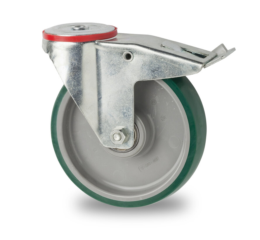 industrial swivel castor with brake from pressed steel, bolt hole, injected polyurethane, precision ball bearing, Wheel-Ø 100mm, 150KG