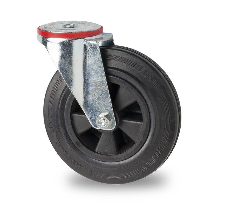 industrial swivel castor from pressed steel, bolt hole, rubber, black, roller bearing, Wheel-Ø 80mm, 65KG