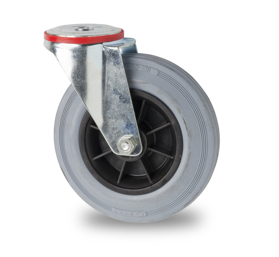carrelli per movimentazione industriale supporto rotante per lamiera stampata, foro vite, gomma grigia, mozzo su cuscinetto a rulli, Ruota -Ø 80mm, 65KG