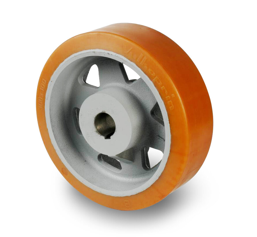 heavy duty drive wheel Vulkollan® Bayer tread welded steel core, H7-bore feather keyway DIN 6885 JS9, Wheel-Ø 300mm, 250KG