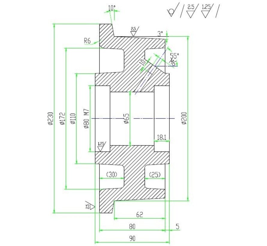 Flänsade bandhjul från gjutjärn, precisionskullager, Hjul-Ø 200mm, 3000KG