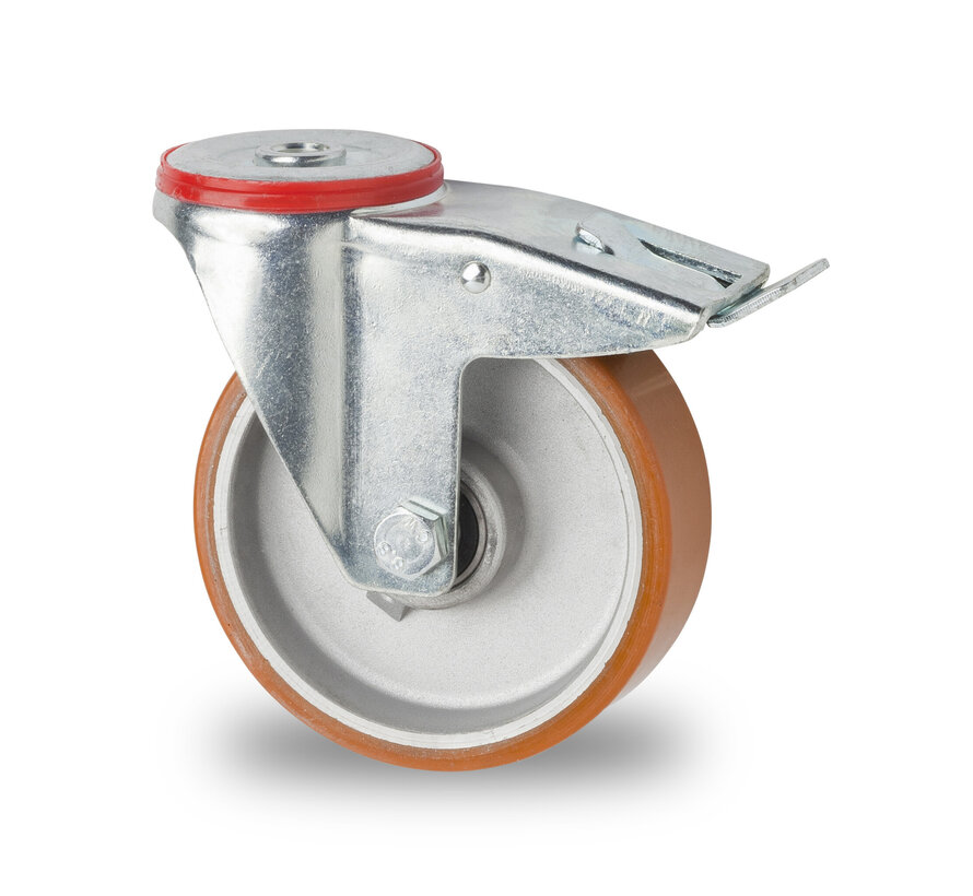 roulette pivotante avec frein, Ø 100mm, bande de roulement en polyuréthane vulcanisé, 200KG