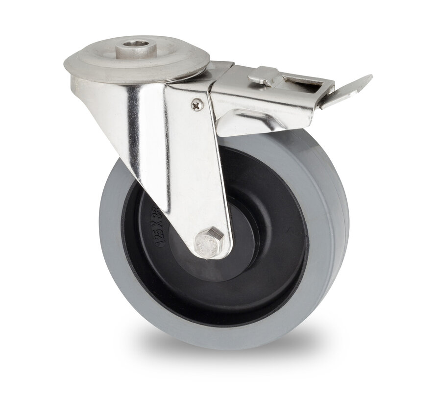 Rueda giratoria con freno, Ø 100 mm, cubierta de goma elástica acolchada, 150 kg