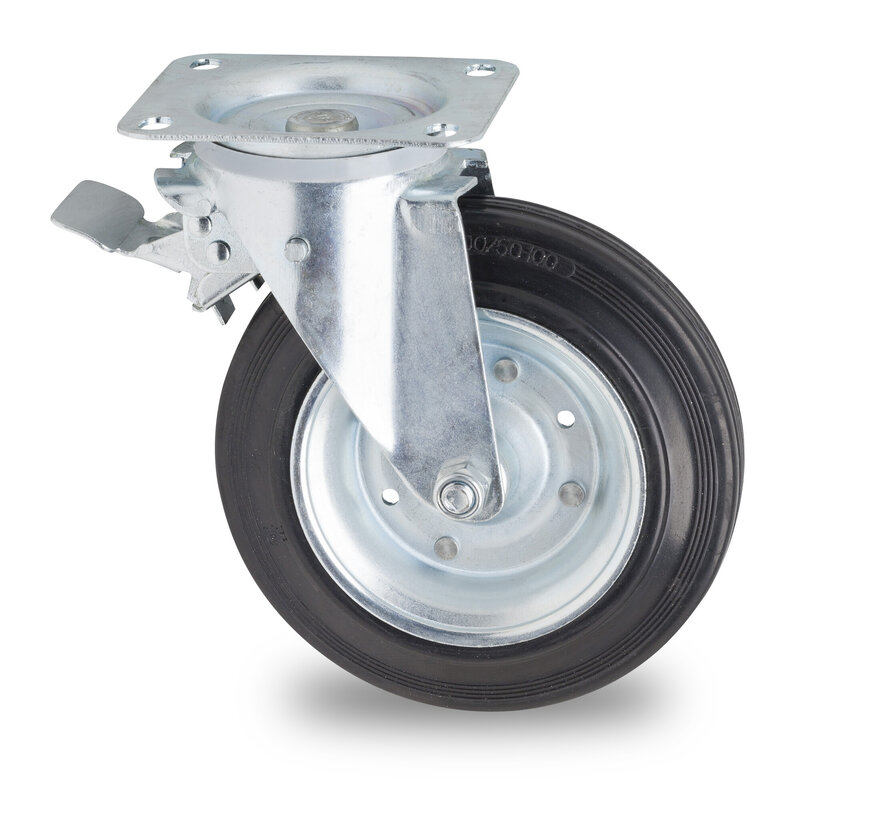 Kółko obrotowe do kosza na śmieci z hamulcem, Ø 200 mm, czarna gumowa opona, 200 kg