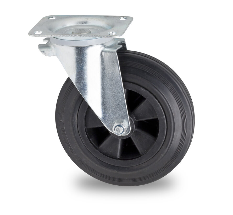 castor wheel for waste bin, Ø 200 mm, black rubber tyre, 200KG