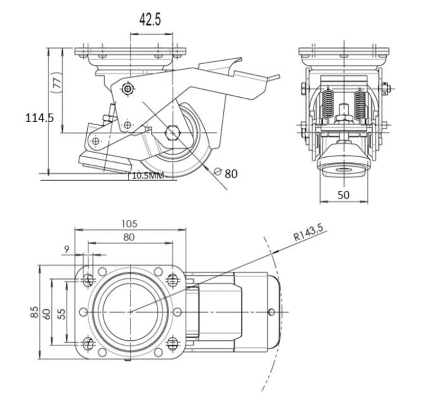 Foot operated Leveling caster with 80x40mm nylon wheel, load capacity 350KG - Easy Handling with foot pedal