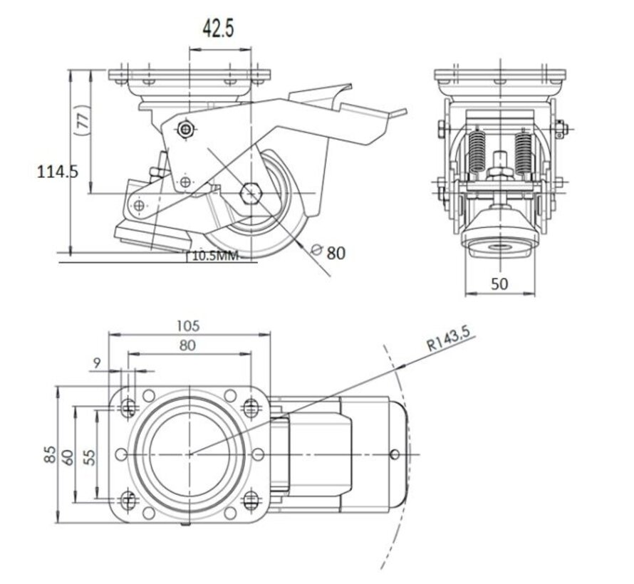 Roulette niveleuse à pédale avec roue en nylon 80x40mm, capacité de charge 350KG - Manipulation facile avec pédale