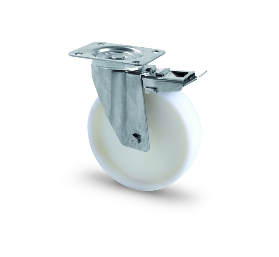 Roulette pivotante en acier inoxydable AISI 316 avec frein, montage sur plaque, roue entièrement en nylon, palier lisse, Ø de roue 100mm, 150KG