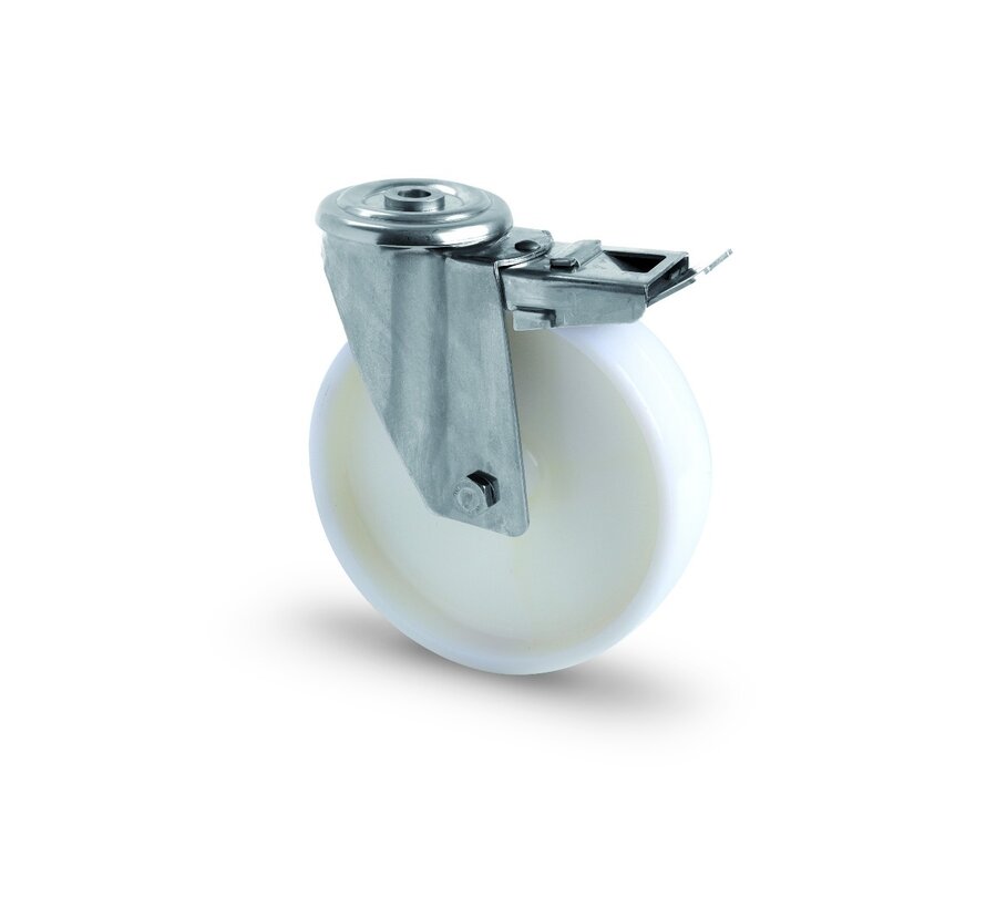 Rueda giratoria de acero inoxidable AISI 316 con freno, montaje con orificio para perno, rueda de nailon completa, cojinete deslizante, Ø de rueda 100mm, 150KG