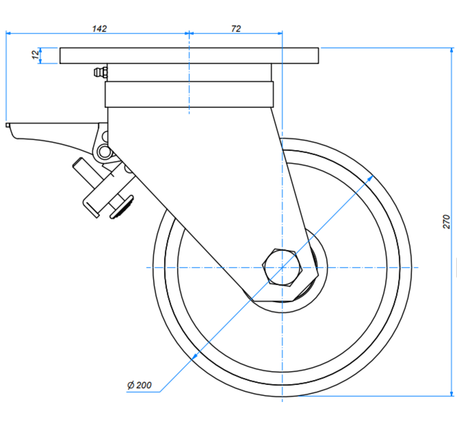 swivel castor with brake, Ø 200 mm, vulcanised polyurethane tyre, 2000KG