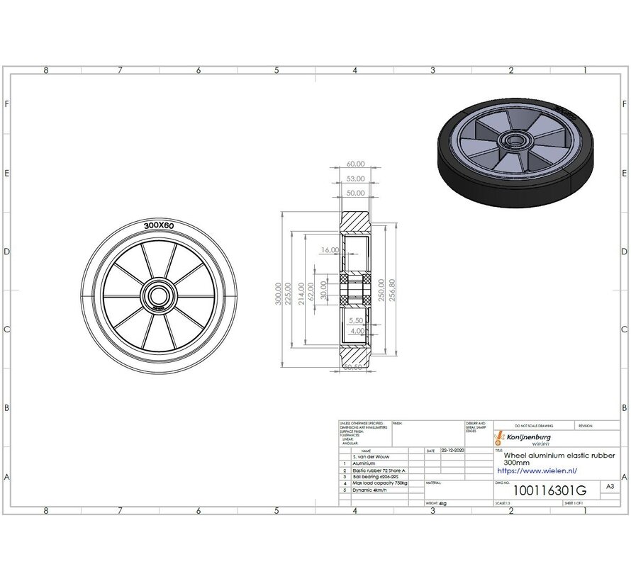 Wheel, Ø 300mm, elastic rubber tyre, 750KG