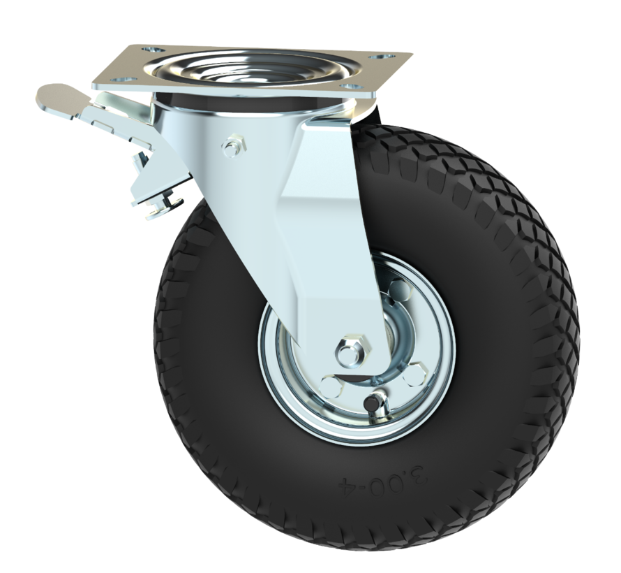 Swivel castor with brake from pressed steel, plate fitting, pneumatic tyre block profile, roller bearing, Wheel-Ø 260mm, 150KG