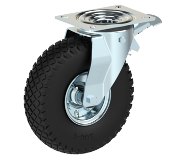 Rodízio giratório com freio Ø 260mm, pneumático perfil bloco pneumático, 150KG