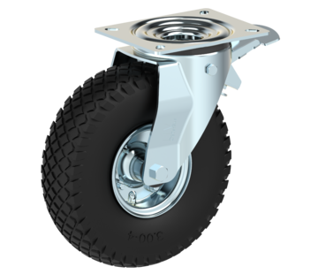 Swivel castor with brake Ø 260mm, pneumatic tyre block profile, 150KG