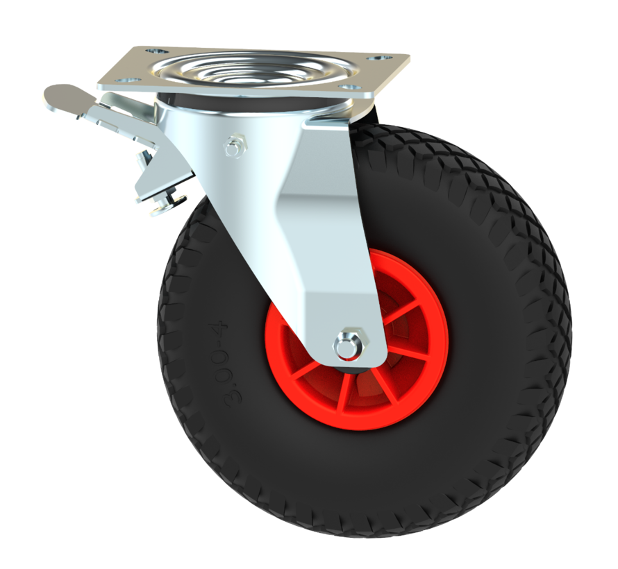 Swivel castor with brake from pressed steel, plate fitting, pneumatic tyre block profile, plain bearing, Wheel-Ø 260mm, 150KG