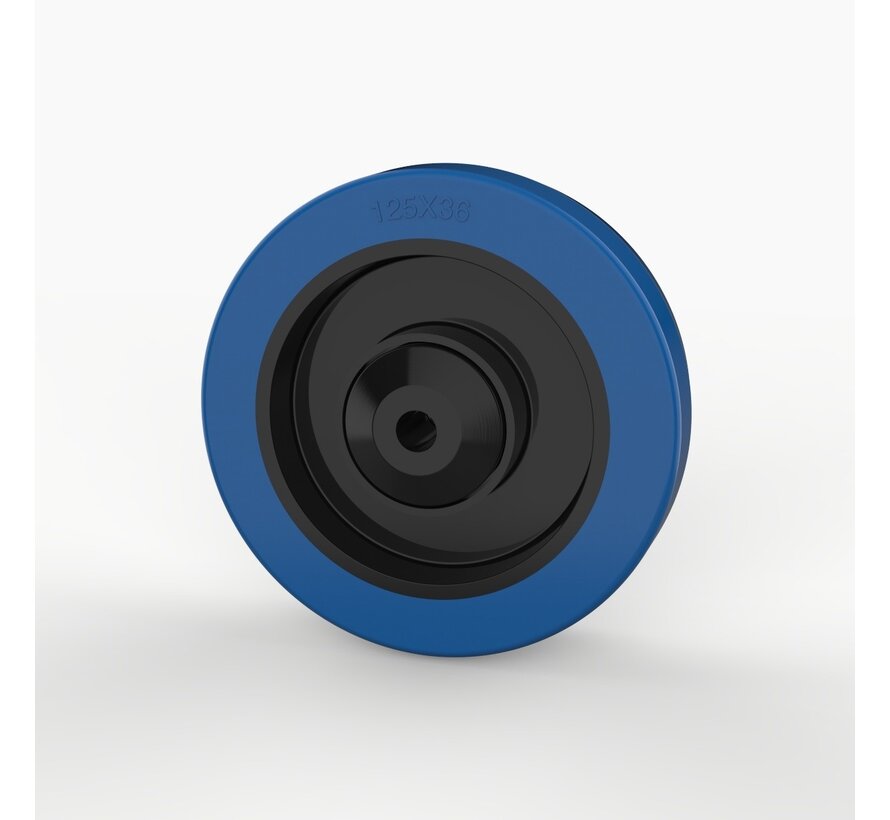 Hjul, Ø 125mm, vulkaniserat blått elastiskt gummidäck med gängade plasthattar 200KG