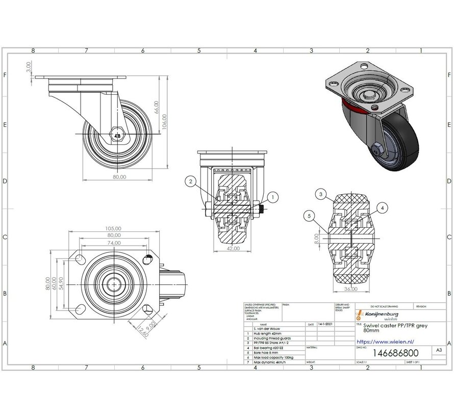 roulette pivotante, Ø 80, bandage caoutchouc thermoplastique gris non marquant, 100KG