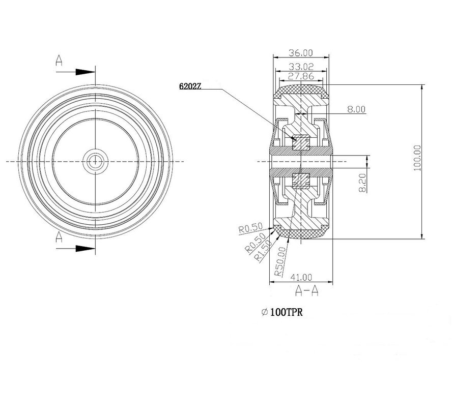 Rad, Ø 100, grauer, spurloser thermoplastischer Gummireifen, 120KG
