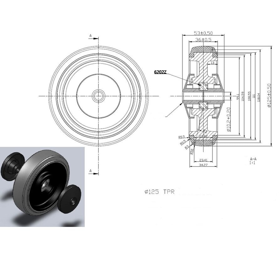 ruota, Ø 125, pneumatico grigio in gomma termoplastica antitraccia, 160KG