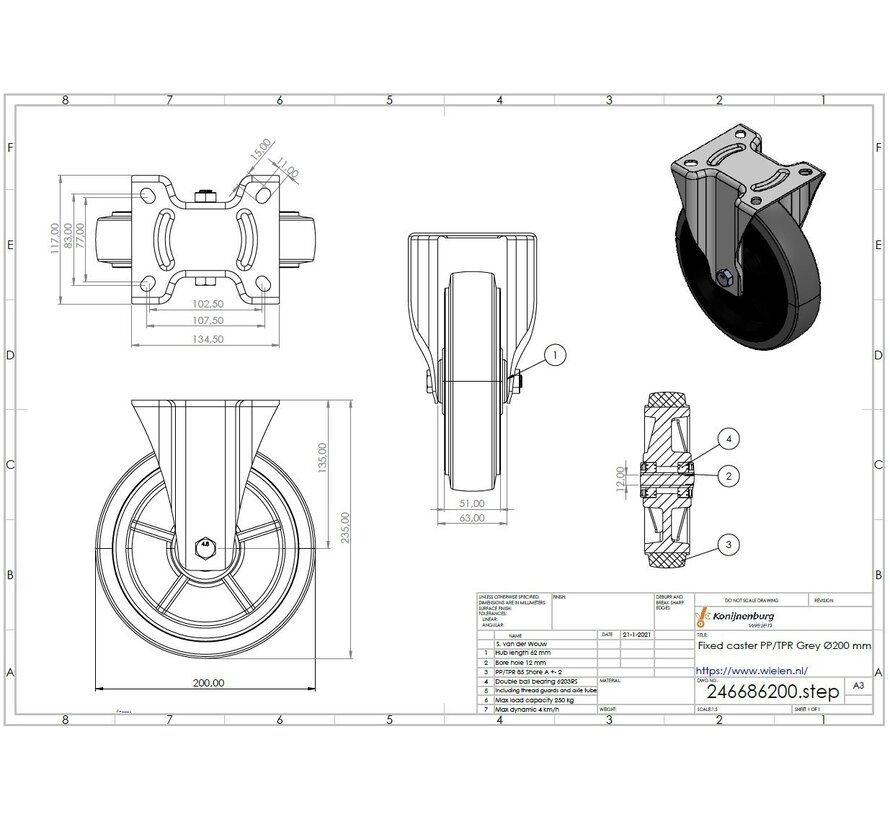 Ruota fissa, Ø 200, pneumatico in gomma termoplastica antitraccia grigio, 250KG