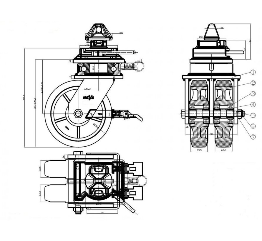 4 rodízios giratórios para contêiner. Capacidade de carga combinada a 4 km/h: 7500 kg. Inclui sistema de freio, trava direcional e trava giratória para montagem em cantoneiras ISO 1161.