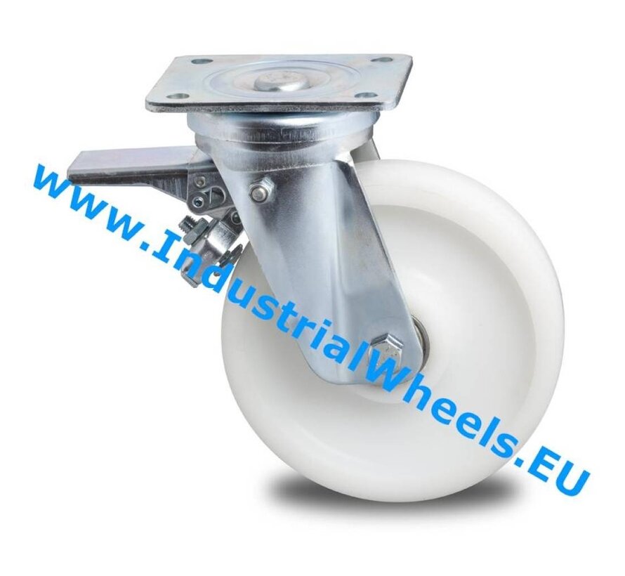 Heavy duty Swivel caster with brake from pressed steel, plate fitting, Polyamide wheel, precision ball bearing, Wheel-Ø 200mm, 1000KG