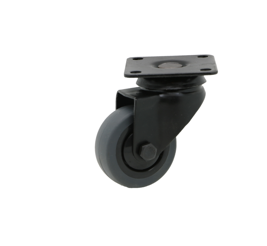 Black apparatus swivel caster from pressed steel, plate fitting, thermoplastic rubber grey non-marking, precision ball bearing, Wheel-Ø 50mm, 50KG