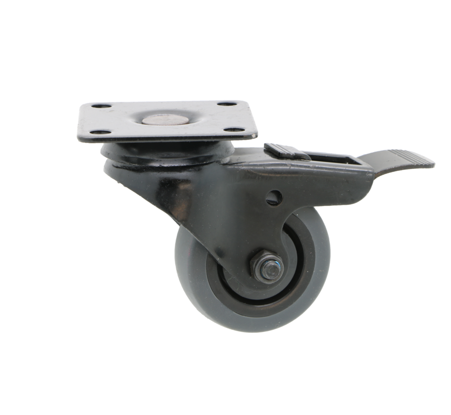 Ruota girevole per apparecchi nera con freno in acciaio stampato, attacco a piastra, gomma termoplastica grigia antitraccia, cuscinetto a sfere di precisione, Ruota -Ø 50mm, 50KG