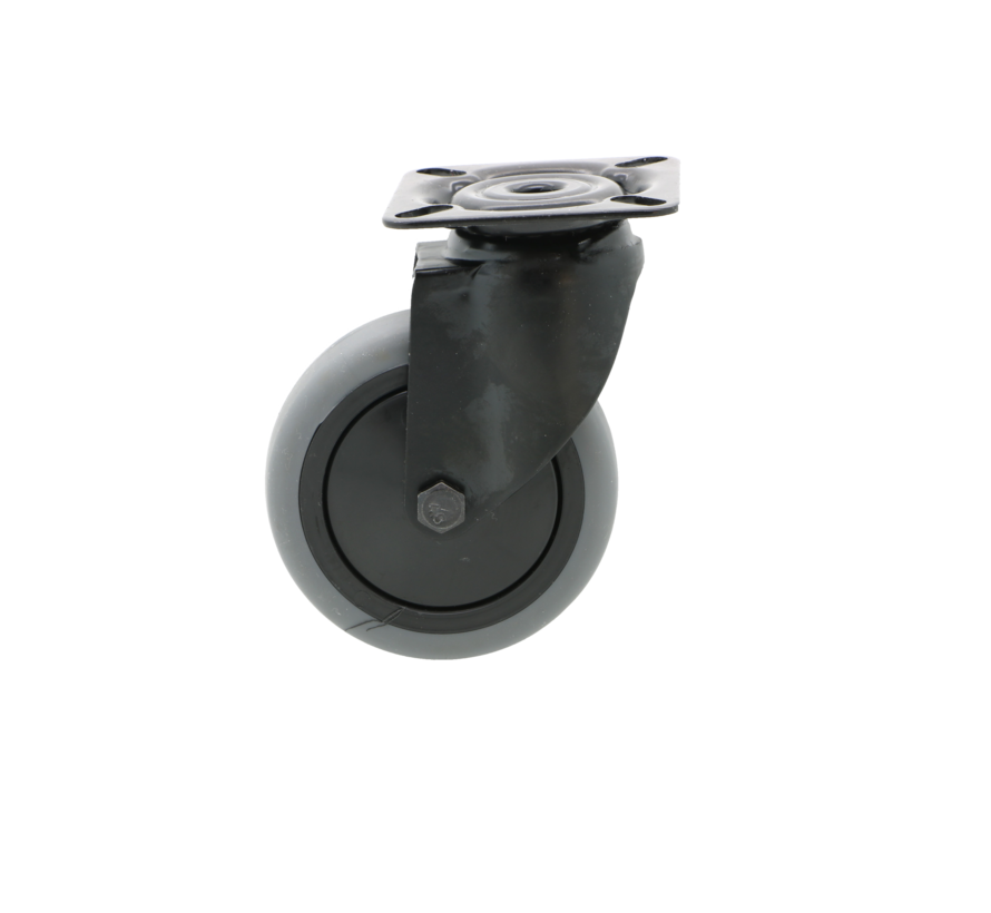 Black apparatus swivel caster from pressed steel, plate fitting, thermoplastic rubber grey non-marking, precision ball bearing, Wheel-Ø 75mm, 75KG