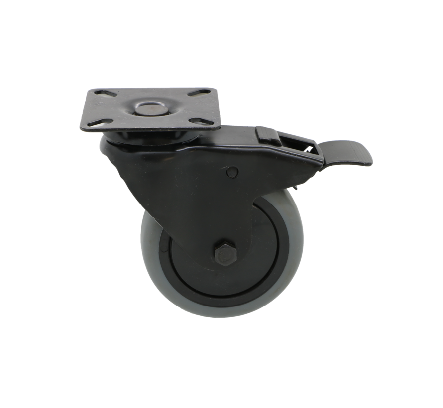 Black apparatus swivel caster with brake from pressed steel, plate fitting, thermoplastic rubber grey non-marking, precision ball bearing, Wheel-Ø 75mm, 75KG