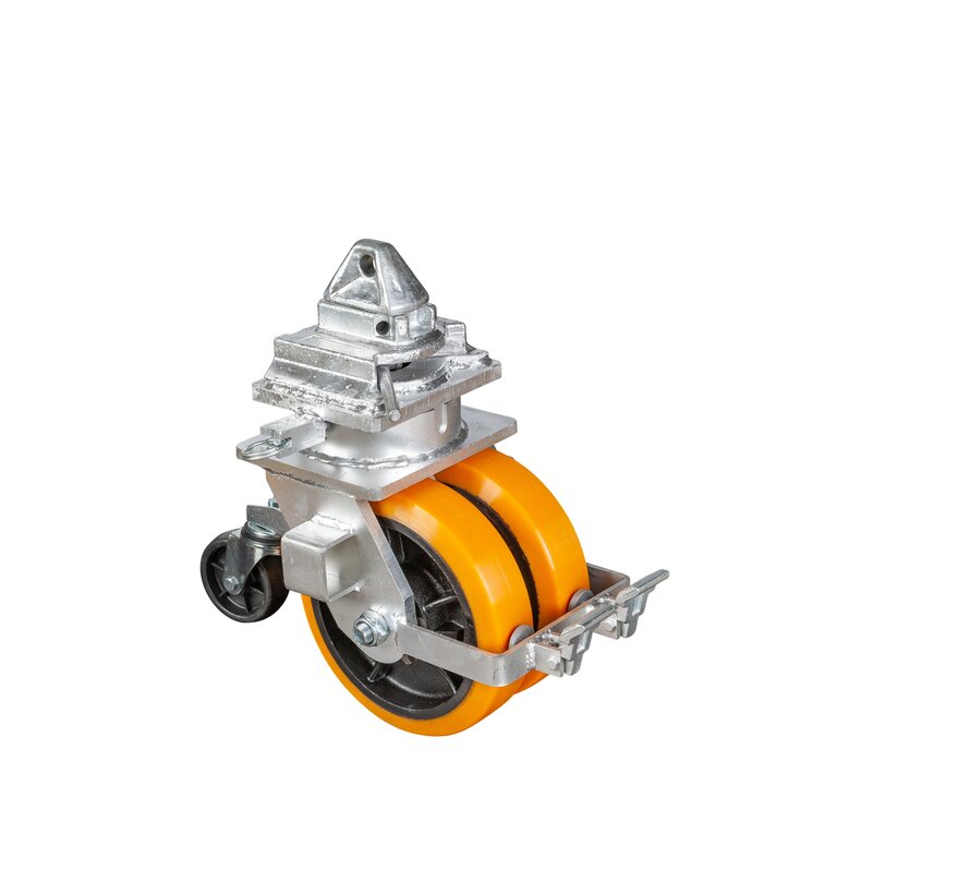4 rodízios giratórios para contêiner. Capacidade de carga combinada a 4 km/h: 7500 kg. Inclui sistema de freio, trava direcional e trava giratória para montagem em cantoneiras ISO 1161.