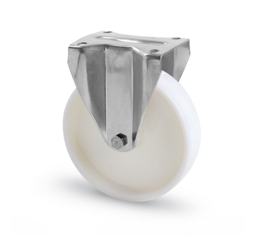 Roulette fixe robuste, roue Ø 160 mm entièrement en nylon (PA6), boîtier en acier inoxydable embouti, capacité de charge de 300 kg pour applications industrielles