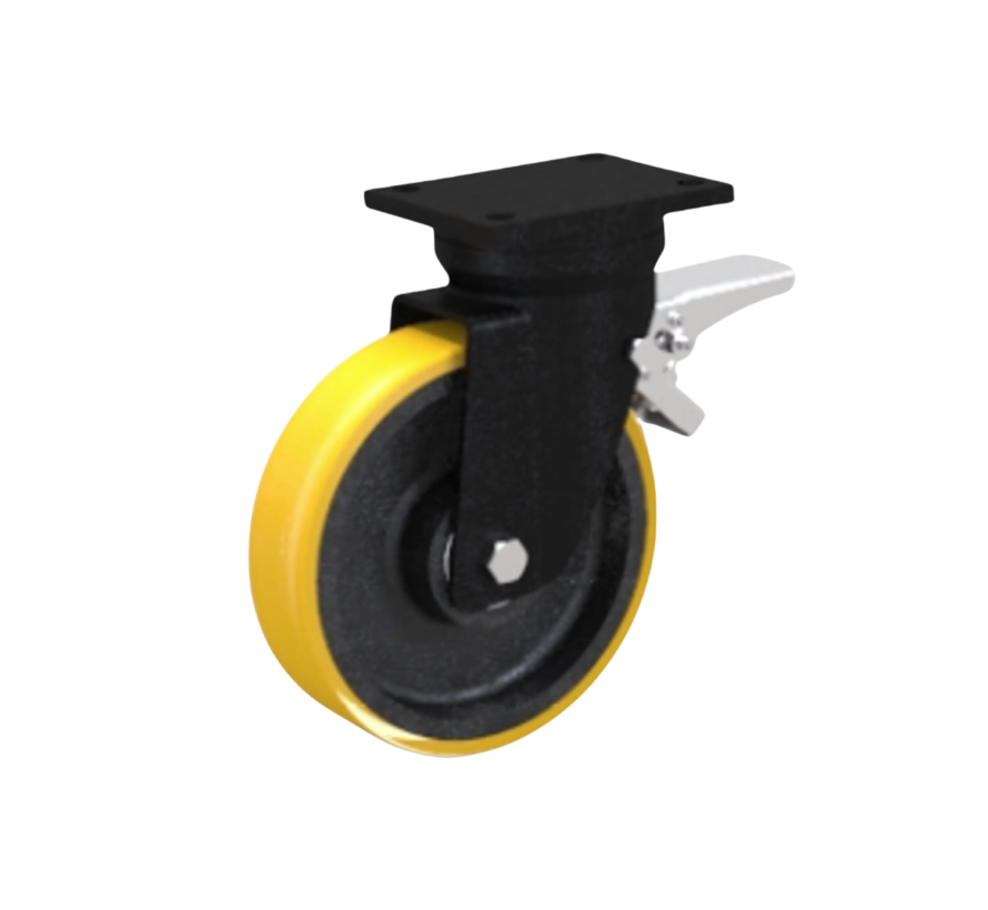 Freio de rodízio giratório para serviço pesado, feito de carcaça de aço soldado, encaixe de placa, piso de poliuretano vulcanizado, rolamento de esferas de precisão, roda Ø 200 mm, 800 kg