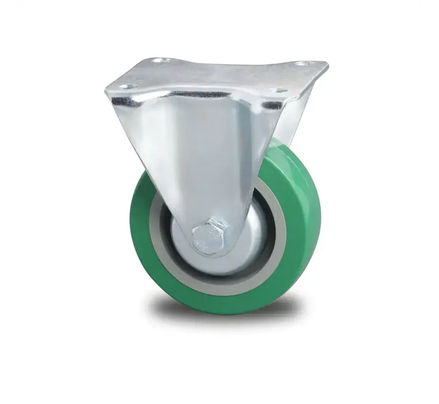 Roulette fixe industrielle, bandage polyuréthane Ø 100 x 35 mm, entraxe des trous 80 x 60 mm, hauteur totale 128 mm – capacité de charge 250 kg