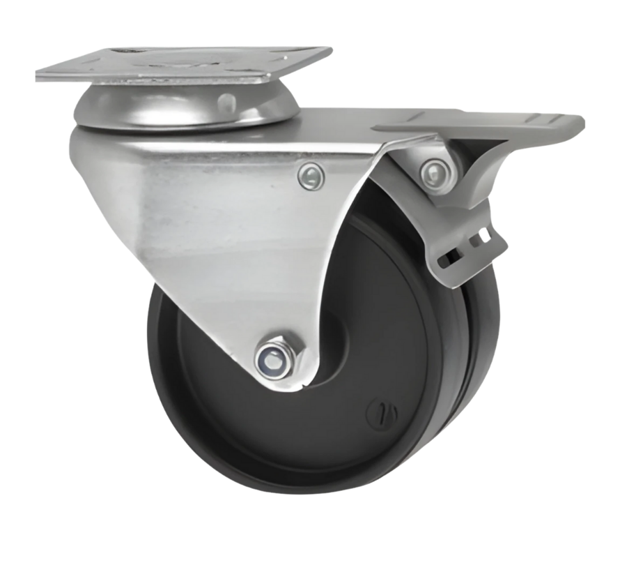 Roulette pivotante institutionnelle avec frein, roue en polypropylène Ø 75 x 24 mm, entraxe des trous 42 x 42 mm, hauteur totale 99 mm – capacité de charge 100 kg