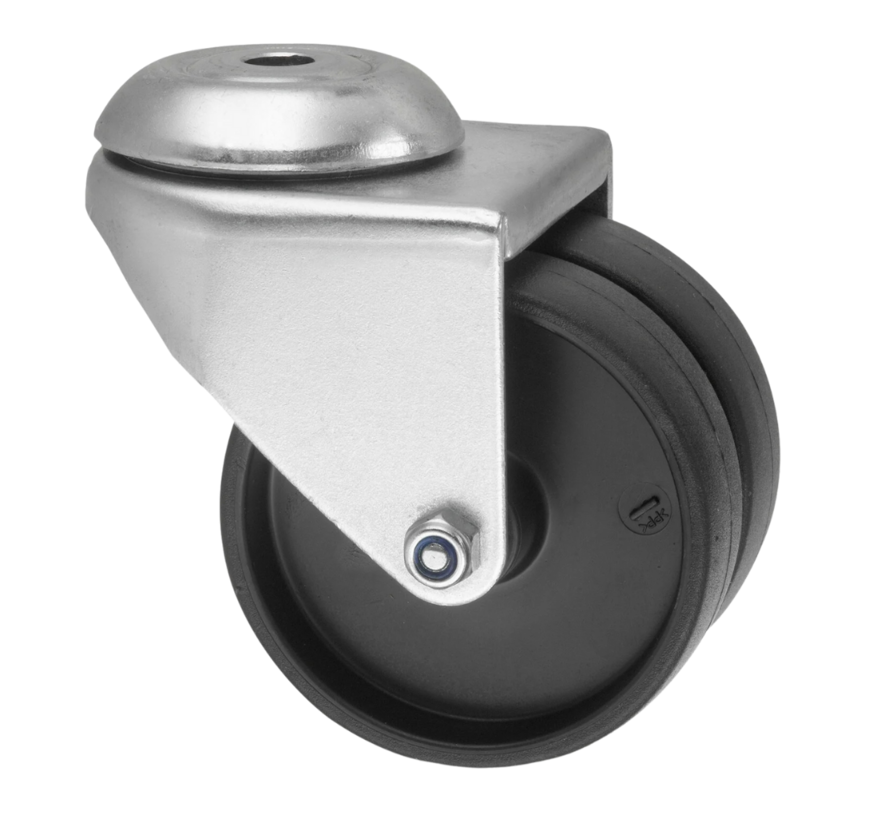 Roulette pivotante institutionnelle avec frein en acier embouti, trou pour boulon, caoutchouc thermoplastique gris non marquant, roulement à billes de précision, Ø roue 100 mm, 80 kg