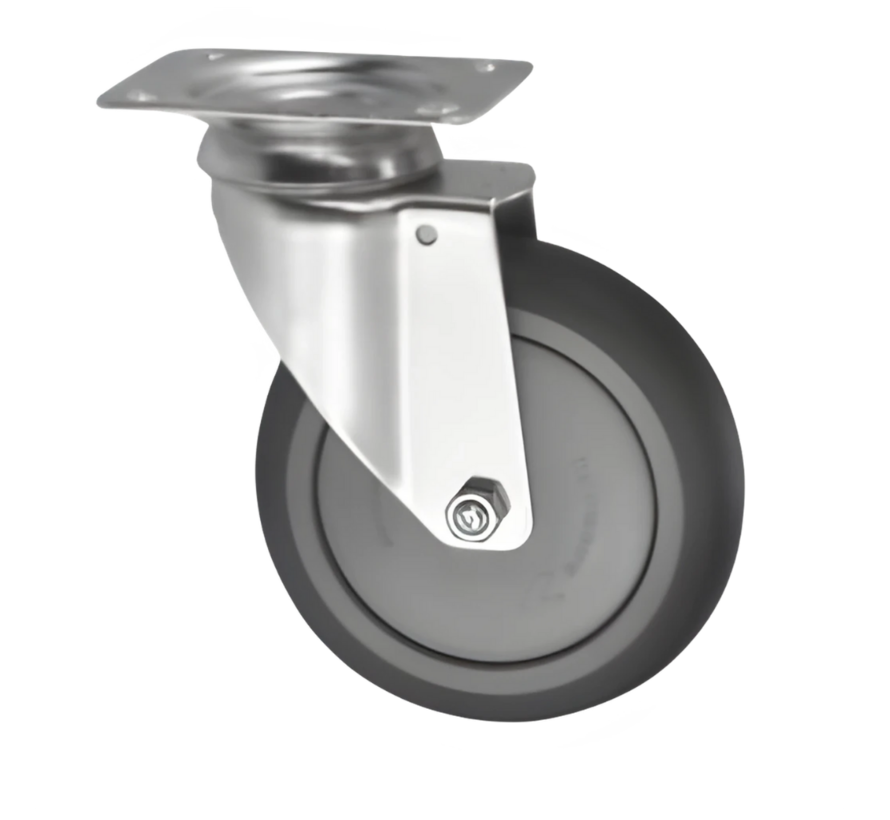 Institutional Swivel caster from pressed steel, plate fitting, thermoplastic rubber grey non-marking, precision ball bearing, Wheel-Ø 150mm, 120KG