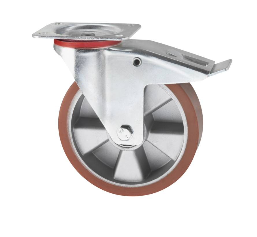 Roulette pivotante industrielle avec frein en acier embouti, fixation à platine, bande de roulement en polyuréthane vulcanisé, roulement à billes de précision, diamètre de roue 200 mm, 400 kg