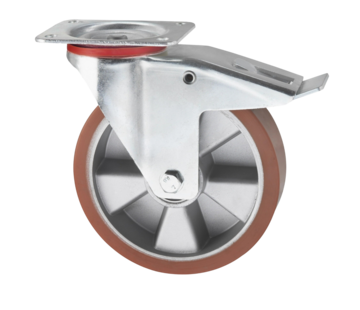 Rueda giratoria con freno, Ø 125mm, banda de rodadura de poliuretano vulcanizado, 200KG
