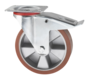 Roulette pivotante industrielle avec frein en acier embouti, fixation à platine, bande de roulement en polyuréthane vulcanisé, roulement à billes de précision, diamètre de roue 125 mm, 200 kg