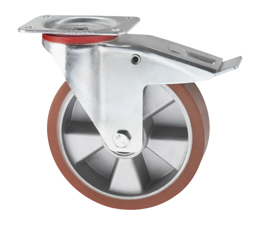 Industrihjul med broms av pressat stålplåt, plattfäste, vulkaniserad polyuretanhjul, precisionskullager, hjul-Ø 125 mm, 200 kg